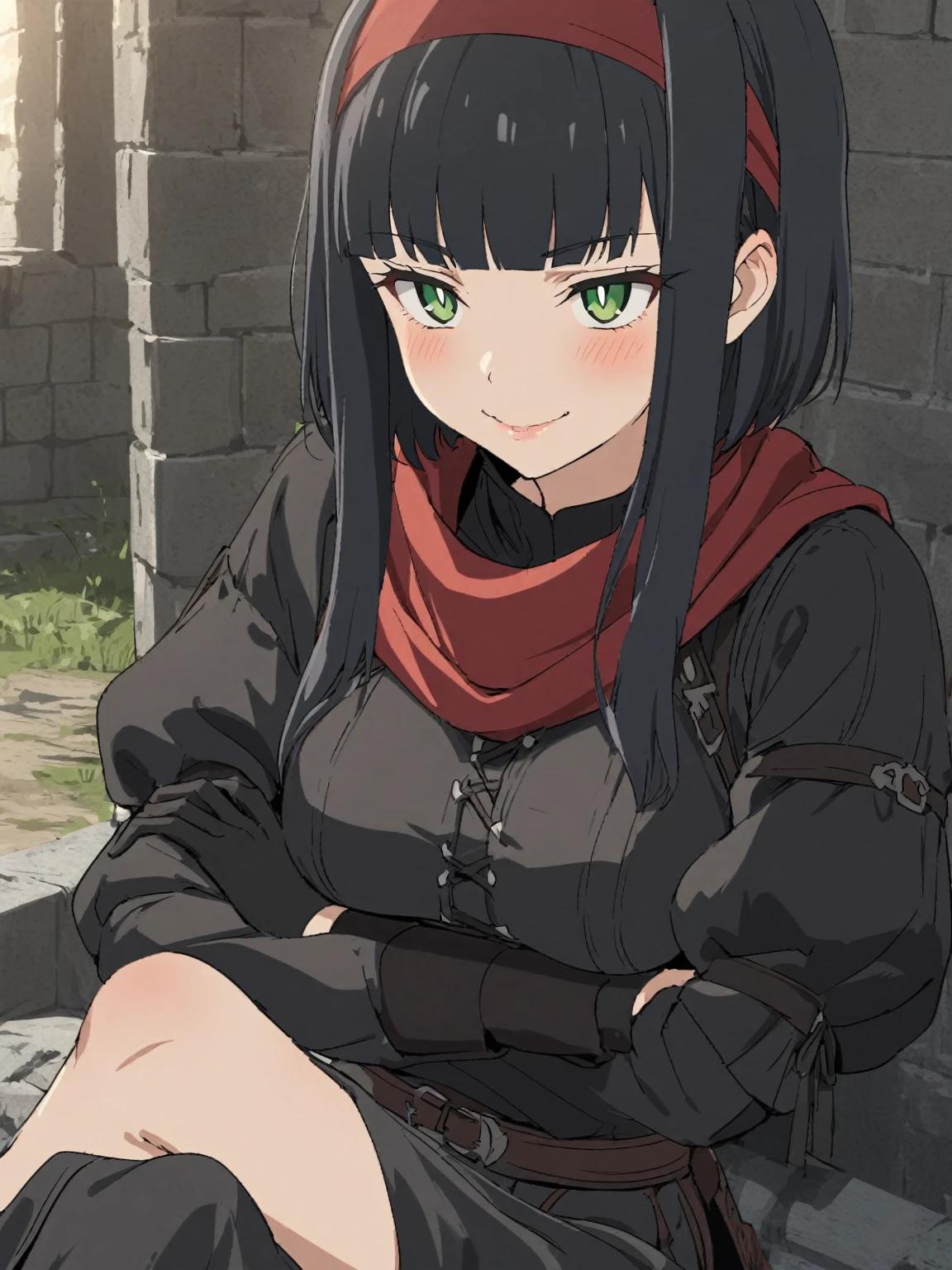{{upper body}} {{Artist: sincos}} 1girl, black hair, green eyes, short hair, blunt bangs, red headband, black gloves, long sidelocks, sanpaku, sharp pupils, medium breasts, smile, black jacket, black ninja clothes, black jacket, black pants, long sleeves, puffy sleeves, red scarf, sitting, crossed legs, lips, adult woman, pov, medieval fantasy.