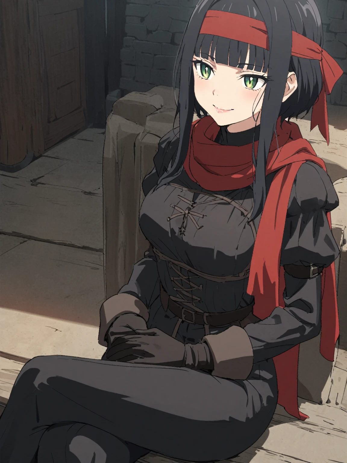 {{upper body}} {{Artist: sincos}} 1girl, black hair, green eyes, short hair, blunt bangs, red headband, black gloves, long sidelocks, sanpaku, sharp pupils, medium breasts, smile, black jacket, black ninja clothes, black jacket, black pants, long sleeves, puffy sleeves, red scarf, sitting, crossed legs, lips, adult woman, pov, medieval fantasy.