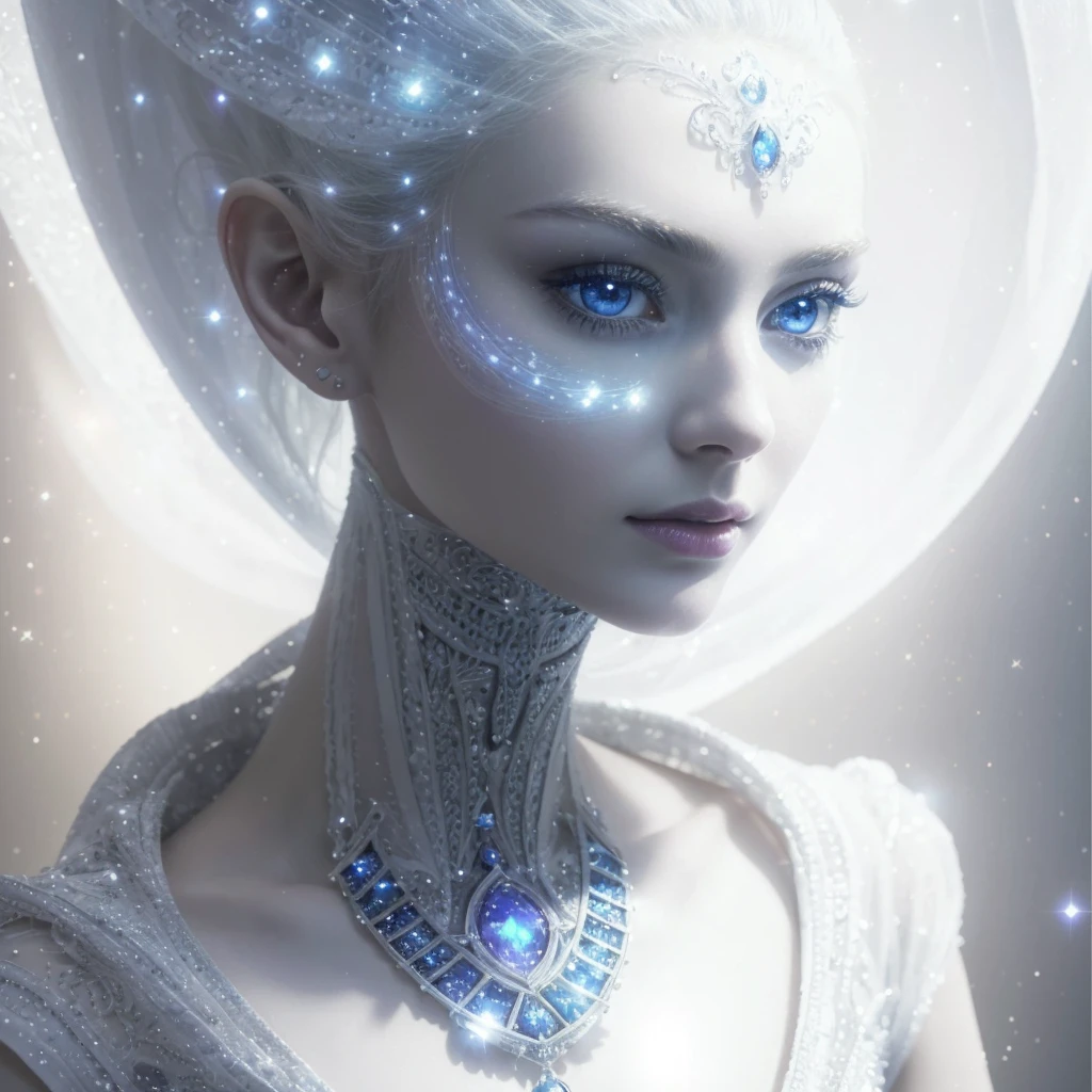 Very real and complete image. beautiful face in profile of an extraterrestrial Goddess, with a long neck, large and elongated head, very white and smooth skin, slanted blue eyes, tiny nose, bright blue luminous dots emerge from her neck, she wears a white ruffled dress. Photorealism, full view, highly detailed image, very realistic, hyperrealism, Ultra HD, 8k, 5, sharp focus, intricate and mysterious masterpiece. (Long exposure photography Very detailed close-up portrait artistic illustration: final quality, medium shot, backlight, Rich and striking. Enigmatic and mysterious manipulations (composition of the rule of thirds), ((detailed environment with strong lines) The best quality, in camera, white light, warm and clean aesthetics, dazzling screen composed of millions of brilliant ultraviolet rays, HDR.