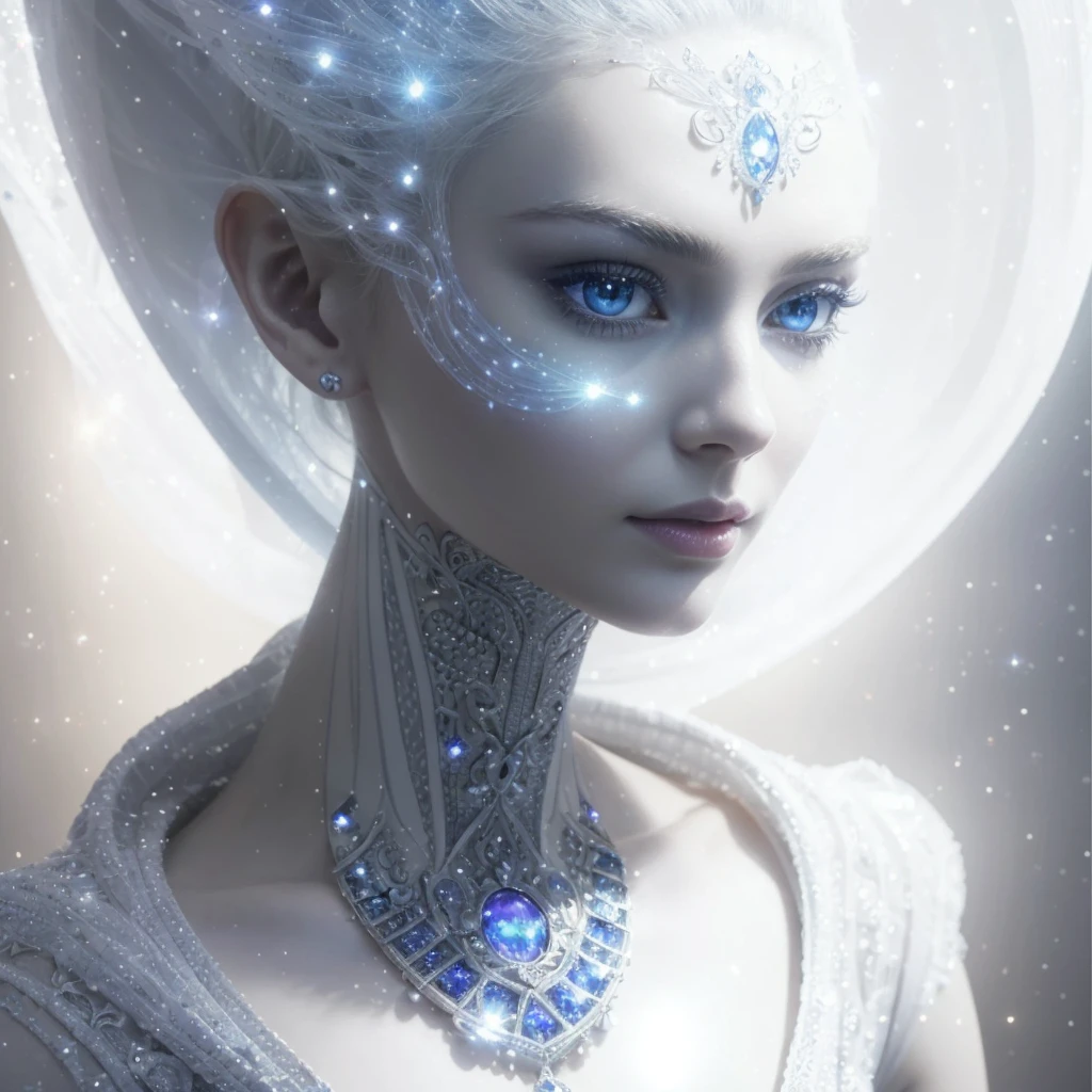 Very real and complete image. beautiful face in profile of an extraterrestrial Goddess, with a long neck, large and elongated head, very white and smooth skin, slanted blue eyes, tiny nose, bright blue luminous dots emerge from her neck, she wears a white ruffled dress. Photorealism, full view, highly detailed image, very realistic, hyperrealism, Ultra HD, 8k, 5, sharp focus, intricate and mysterious masterpiece. (Long exposure photography Very detailed close-up portrait artistic illustration: final quality, medium shot, backlight, Rich and striking. Enigmatic and mysterious manipulations (composition of the rule of thirds), ((detailed environment with strong lines) The best quality, in camera, white light, warm and clean aesthetics, dazzling screen composed of millions of brilliant ultraviolet rays, HDR.