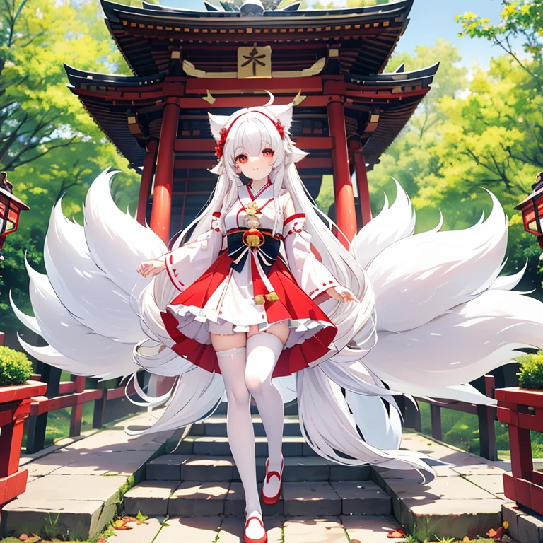 white hair,Double tail,white pantyhose,Big ,shrine maiden costume,cute,Perfect body,,Nine-Tailed Fox