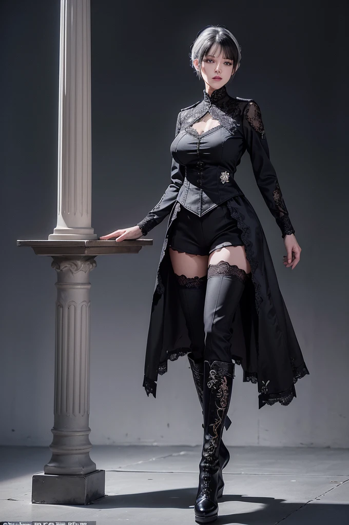 ((1 Full body single woman)) ,(Shooting from front and middle), show full body from top to bottom, show full body from head to boots, looking at the camera, centered image, tmasterpiece,A high resolution, Absolutely beautiful, facing to the camera, Tall and fit body,(big breast : 1.3), white short hair with updo, (full coverage black lace uniform, Embroidery uniform, decorated uniform and pants, Exquisite details of the uniform and pants, black lace stockings, warrior, black gloves, show black boots, (lace) uniform, allure:white hair, short hair (hair behind the body), young adult,(Tall:1.5),Rich scene detail,In the midst of the war,standing.