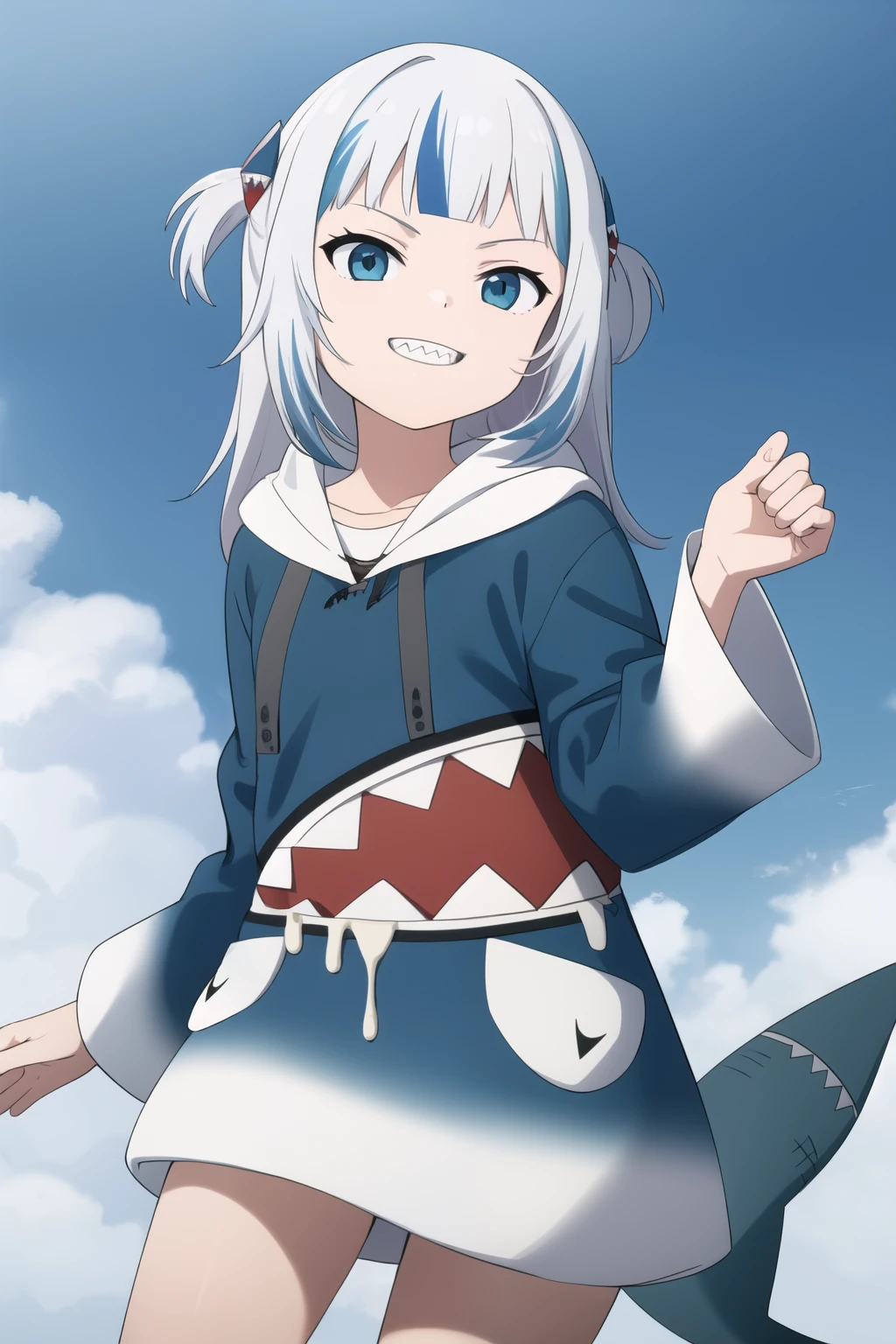 gawr gura, gura_shark_outfit, 1girl, solo, best quality, masterpiece, highres, looking at viewer,  cowboyshot, blue shark-themed clothing with red teeth pattern, hoodie with shark teeth, shark hoodie, white hair, white headband, shark tail,  (diamond in the background:1.2), hair ornament,  smile, front view