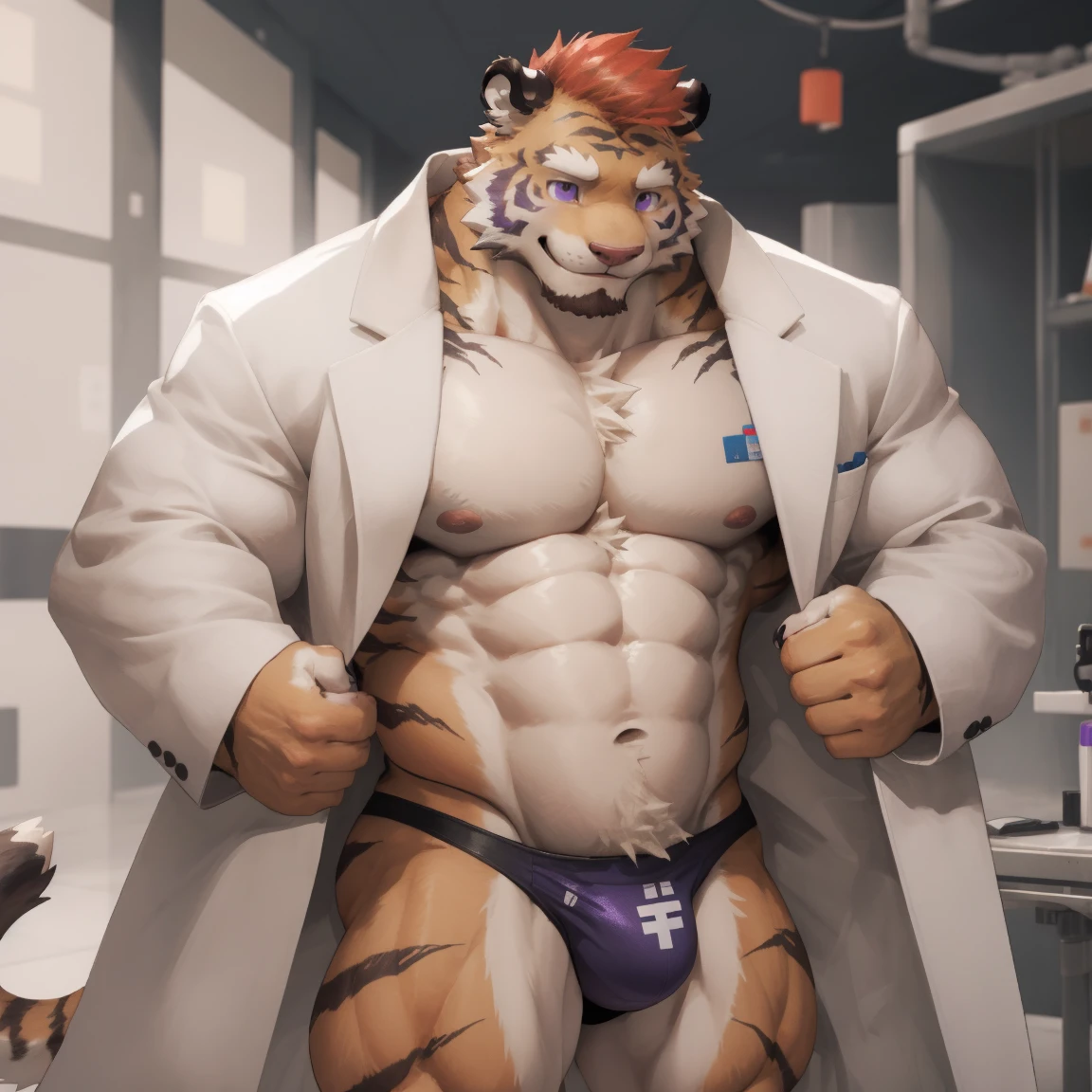 masterpiece, best quality, 8k resolution, Very detailed, hairy，tiger，((red hair))，muscle，Strong，超大muscle，((Hospital))，(((Purple pupils)))，For the audience，(((White coat)))，portrait，(((No clothes under the coat)))，(Highest quality scene)，(((Thong)))，(((Blushing)))，(((Hip bulge)))，(((Ultra clear eyes))，((Solitary))，((whole body))，(((Standing)))，((Mature))，(((Uncle)))，(((Orange fur)))，((Shame))，((Smile))