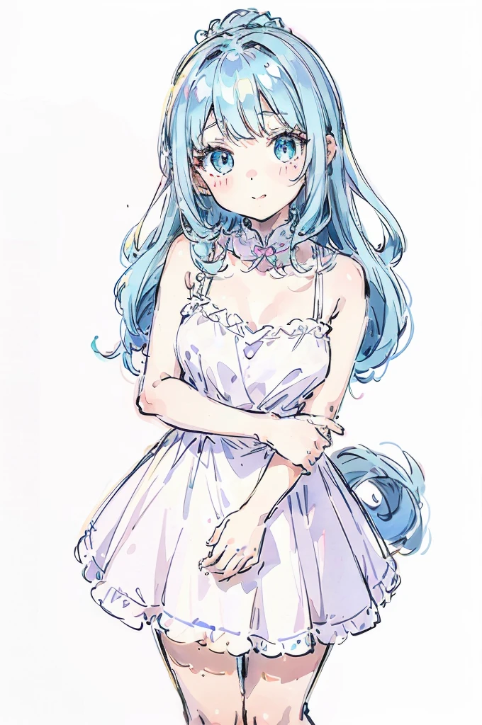 1girl, cute young woman, full body portrait, standing pose, pastel dress, white background, soft lighting, high detail, anime style, vibrant colors, kawaii, big eyes, cheerful expression
