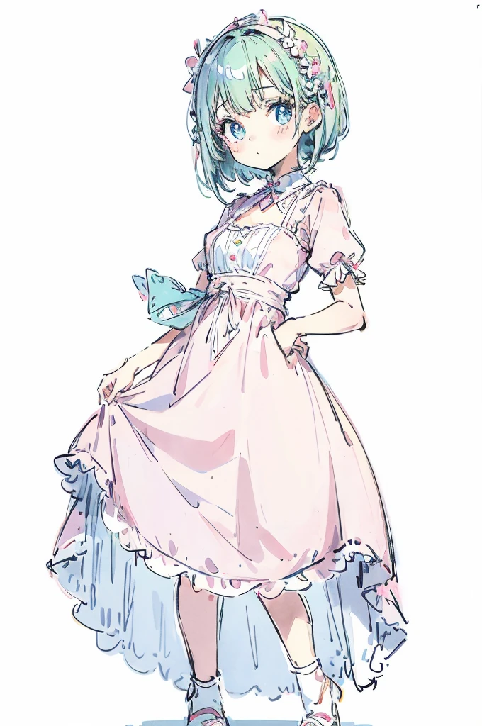 1girl, cute young woman, full body portrait, standing pose, pastel dress, white background, soft lighting, high detail, anime style, vibrant colors, kawaii, big eyes, cheerful expression
