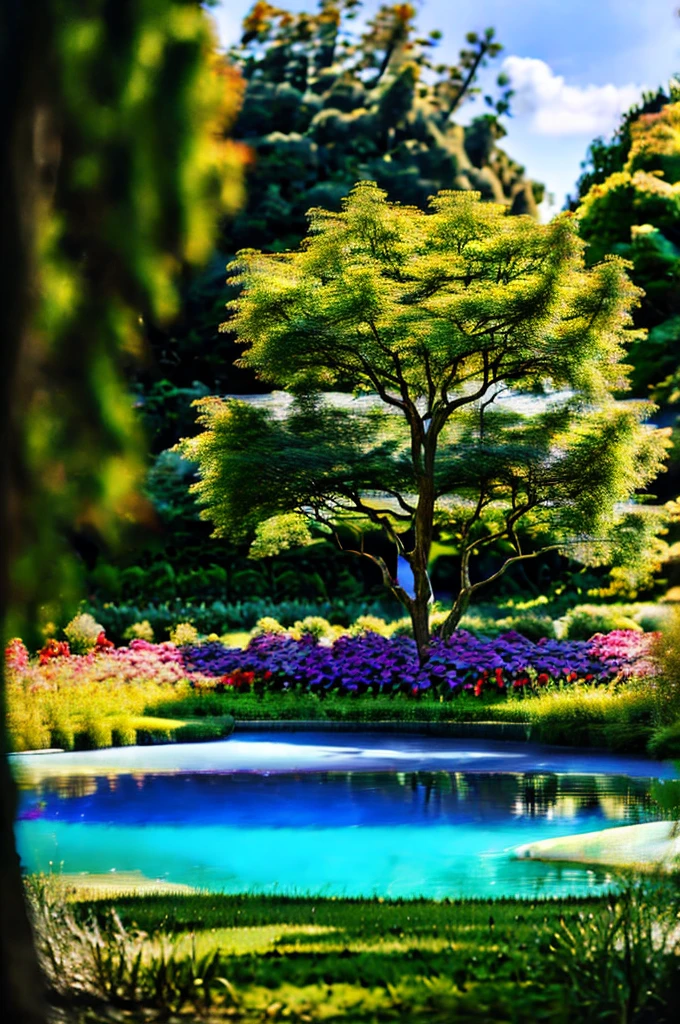 Illustration for an article about landscape design, variety of colors, bench near the pond. hd quality