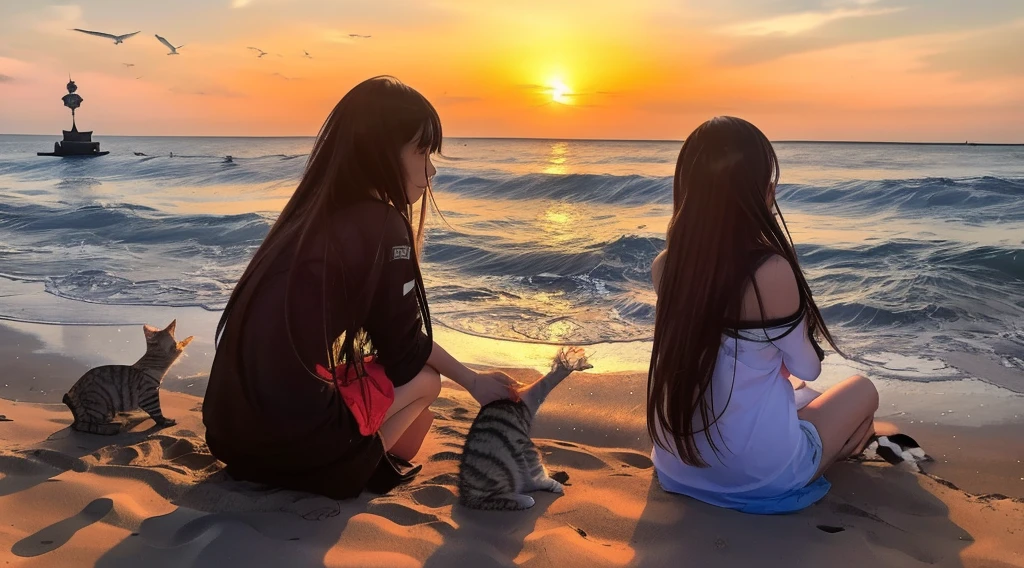 A girl with long hair sits on the beach，sunset，There is a cat next to the girl