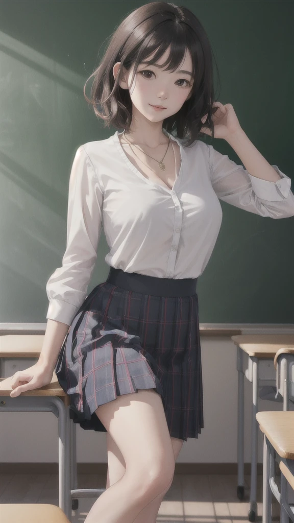 (Highly detailed CG Unity 8k wallpaper)、(masterpiece)、(Highest quality)、(Super detailed)、(Best illustrations)、(Best Shadow)、Ultra-high resolution、(Real、Photorealistic:1.2)、(Beautiful student teacher:1.4)、Messy medium cut hair、(Large Breasts:1.2)、(School classroom:1.4)、(Neat dress:1.2)、(Cute Necklace:1.2)、Puffy eyes、(sit at a desk with the blackboard behind:1.2)、(Close-up)、Cloudy soft light、Half Body