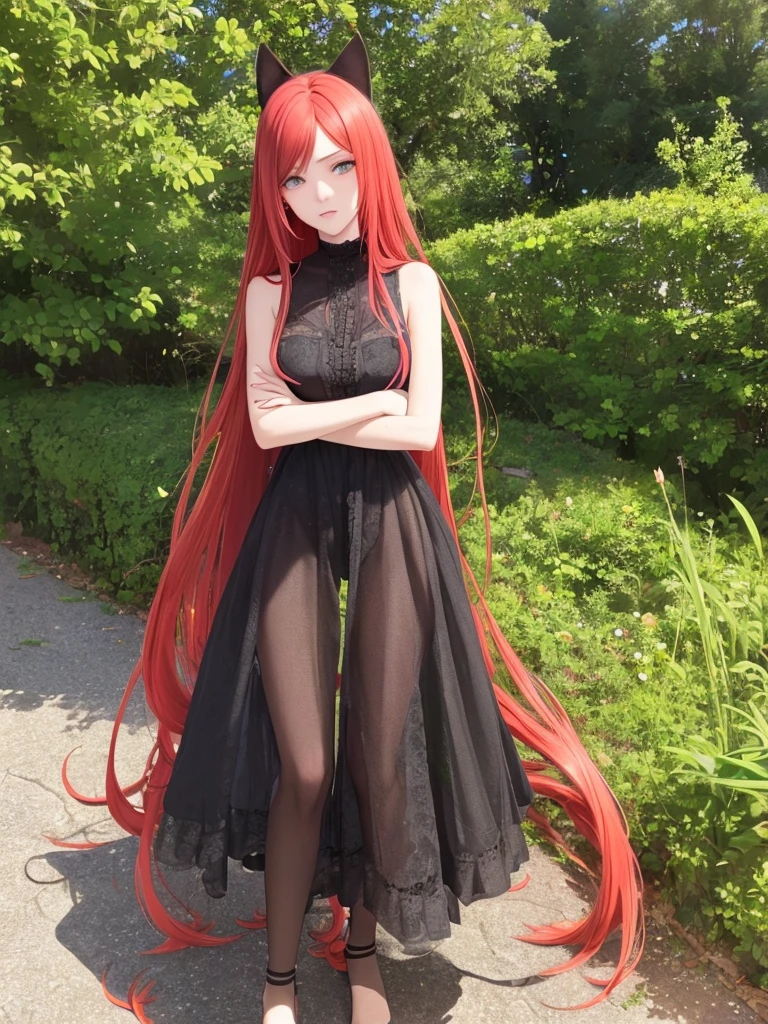 lyla is a beautiful young catgirl with long red hair and bright green eyes. she is , standing at only 5'4, but has a slender figure. she has soft features and a gentle disposition, but she seems to have been through a lot in her life. she wears a simple, yet elegant dress that has slices.