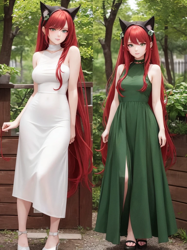 lyla is a beautiful young catgirl with long red hair and bright green eyes. she is , standing at only 5'4, but has a slender figure. she has soft features and a gentle disposition, but she seems to have been through a lot in her life. she wears a simple, yet elegant dress that is torn in several places and covered in dirt.