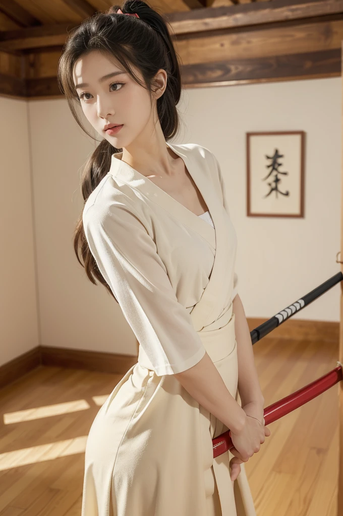 (((best quality))),(((ultra detailed))),(((masterpiece))),illustration,1girl,solo,short ponytail,slim,thin,small breasts,flat chest,white kendogi,red kendo hakama,standing in kendodo gym,focused and determined expression,holding a shinai,ready for challenge,slender and elegant face,confident and resilient,fair skin,blush,neat teeth,bright smil,clean and tidy uniform,wooden gym floor,wall,pine scent,kendo equipment,protective gears,standard grip,taut arm muscles,ready to slice through obstacles,strong belief,determination,spirit of resilience,admiring