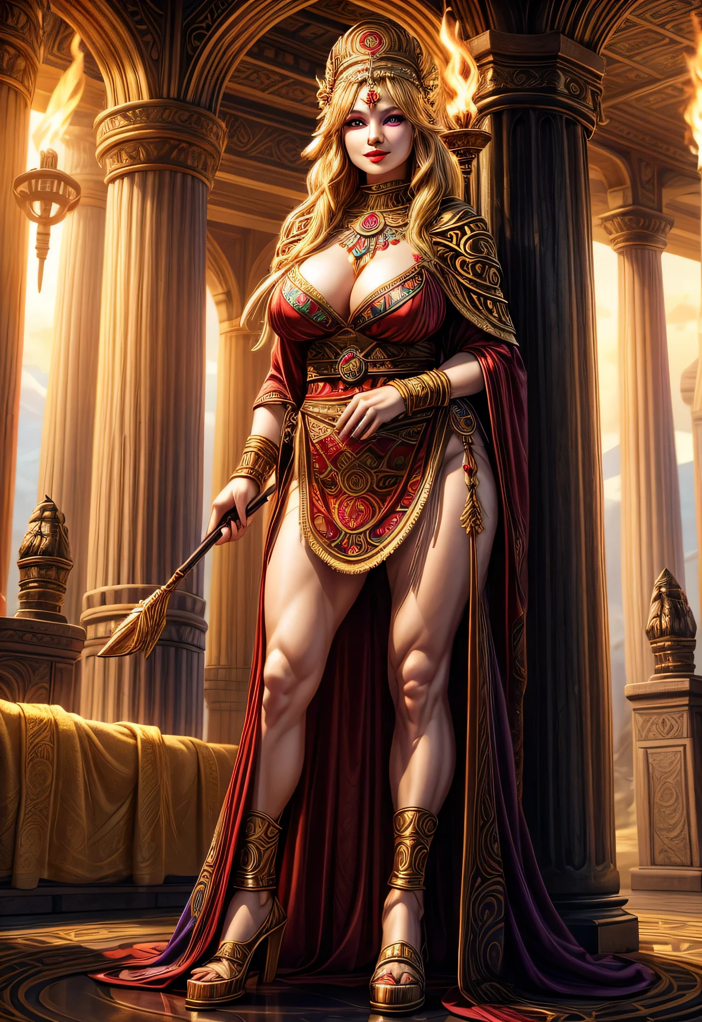 (hyper realstic)、Ancient priestess、Ancient female shamans、immensity Beautie high-level image quality hight resolution Realistic Shorthair a blond、 blond woman in a、A MILF、Middle-aged woman、((Big big))、Detailed red-black ,,,,,,、detailed skin textures、超A high resolution、Realistic、Voluptuous body shape、A smile、Middle-aged beauty、Beautiful expression、With detailed red-black areola 、Detailed purple eyes、blond、long fluffy hair、Kamimei、Very delicate and detailed skin texture、35Female Shaman、(Blonde pubic hair)、{(Ancient ornate and luxurious temples)、(A lot of torches are burning)}、Ancient priestess、Large cleavage、Large open neckline、big butts、bright red lips、(Colorful and glamorous clothes and luxurious accessories)、I have an ornate platinum wand、