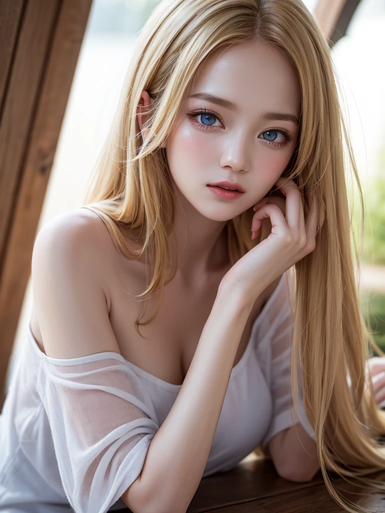 One Girl, Age 19, alone, Super long straight hair, huge , View your viewers, ((shiny bright blonde hair))、Very beautiful messy bangs between the eyes、White skin、Beautiful Skin、Glowing Skin、Gloss Face、Cheek gloss、Bare shoulders, gem, whole body, (Highly detailed 8K wallpapers), Soft lighting, high quality, Film Grain, Fujifilm XT3 Sharp Focus, 5 ....6, Attention to detail, Sharp focus,(Natural light), (Big Plans:1.2), (Fascinating), Off-the-shoulder T-shirt, Realistic, Sexy、big, Beautiful white and pale blue eyes、eyeliner、