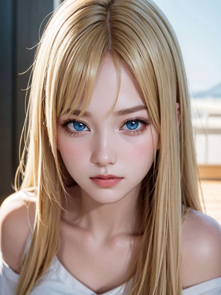 One Girl, Age 19, alone, Super long straight hair, huge , View your viewers, ((shiny bright blonde hair))、Very beautiful messy bangs between the eyes、White skin、Beautiful Skin、Glowing Skin、Gloss Face、Cheek gloss、Bare shoulders, gem, whole body, (Highly detailed 8K wallpapers), Soft lighting, high quality, Film Grain, Fujifilm XT3 Sharp Focus, 5 ....6, Attention to detail, Sharp focus,(Natural light), (Big Plans:1.2), (Fascinating), Off-the-shoulder T-shirt, Realistic, Sexy、big, Beautiful white and pale blue eyes、eyeliner、