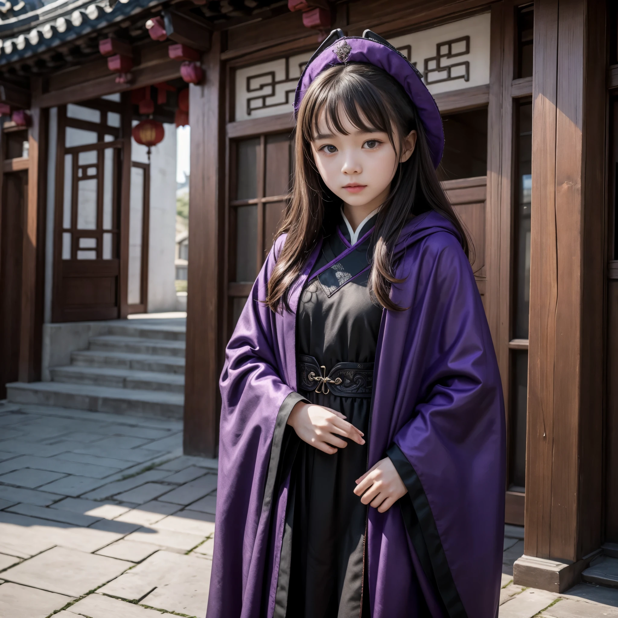 A girl, wearing a purple and black cloak, It is in a Chinese-style building