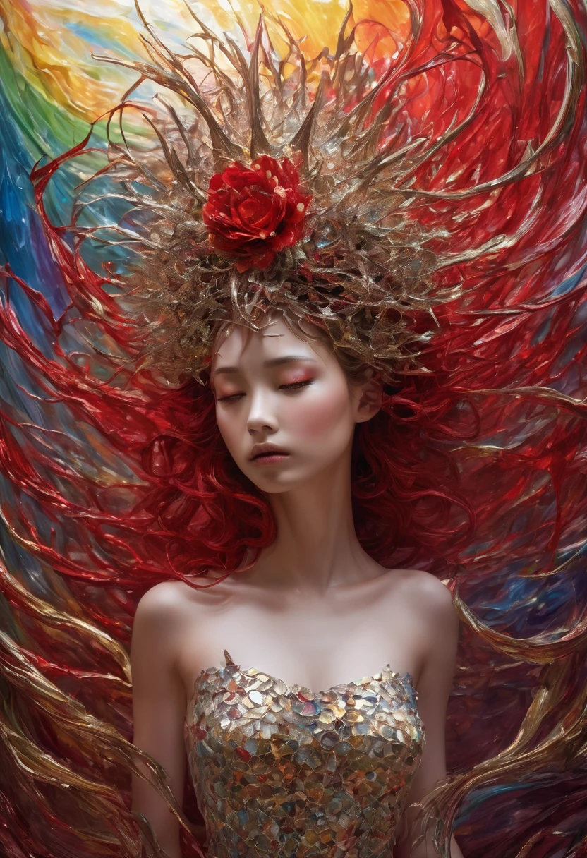 In the center of a chaotic, swirling world, a figure stands, a work of art in itself. Her face is a masterpiece of sorrow, her eyes a deep, crimson red, as if they've been etched with pain. Her body is a sculpture of intricate detail, crafted from golden and bronze wire, with a swirly pattern that seems to move with the wind.

Around her neck, a collar of spikes glints in the light, like a crown of thorns. Her horns, made of glass, are curved and delicate, like the petals of a flower. They shimmer in the sunlight, casting a rainbow of colors on the ground.

Behind her, the world seems to melt and flow, as if the very fabric of reality is being torn apart. Red and white polka dots dance across the horizon, like a frenzied dance of destruction. The air is thick with the scent of molten lava, and the ground beneath her feet seems to tremble with the weight of her sorrow.

As she stands, her eyes fixed on the horizon, it's clear that this figure is a work of art, a sculpture of beauty and pain, a testament to the power of the human spirit to endure even in the face of chaos.