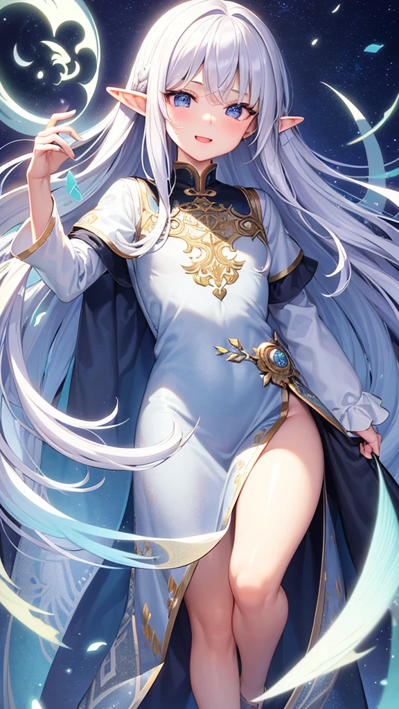 ((Highest quality)), ((masterpiece)), (detailed), One girl, Streaming portrait、Silver hair straight long hair、No Ahoge、Half Up、Parallel thin eyebrows、Double droopy eyes、Thin lips、Small nose、Blue Eyes、Long eyelashes、Delicate appearance、The chest is a little large、Illustration seen from the front、A big smile with an open mouth、White Chinese formal wear、Fantastic illustrations、Highlights are 7 colors、The light is on my face、Illustration of eyes matching the viewer、Elf、whole body、Down to the toes、No background、Standing with your legs apart、