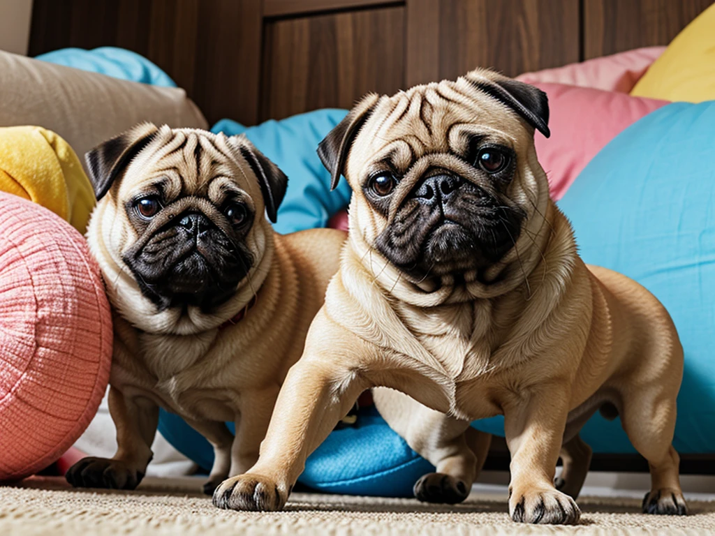 Playing with toys: A scene of a pug playing with a colorful stuffed toy by biting and pulling it。Waving his tail happily、It's heartwarming to see them playing so energetically.。