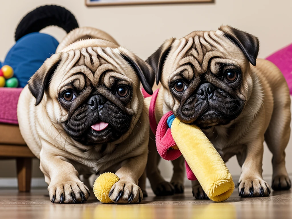 Playing with toys: A scene of a pug playing with a colorful stuffed toy by biting and pulling it。Waving his tail happily、It's heartwarming to see them playing so energetically.。