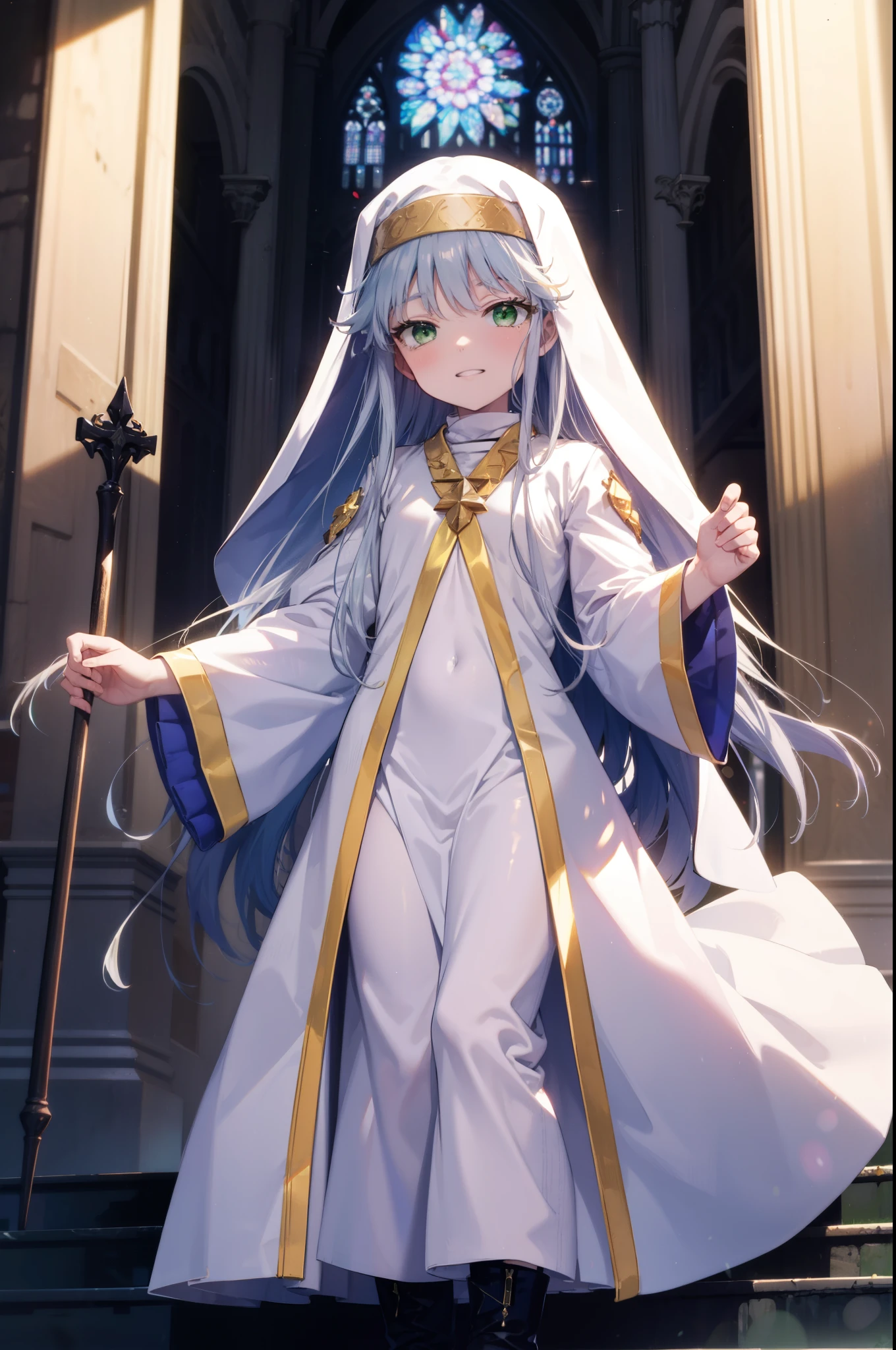 index, index, (Green Eyes:1.5), Silver Hair, Long Hair, (Flat Chest:1.2),Grin,
break habit, Long sleeve, Nuns, Robe, white Robe, Wide sleeves,Long skirt,boots,Put your right hand on your hip,In his left hand he holds a long sacred staff,whole bodyがイラストに入るように,
break looking at viewer, whole body,
break indoors, church,
break (masterpiece:1.2), Highest quality, High resolution, unity 8k wallpaper, (figure:0.8), (Beautiful attention to detail:1.6), Highly detailed face, Perfect lighting, Highly detailed CG, (Perfect hands, Perfect Anatomy),