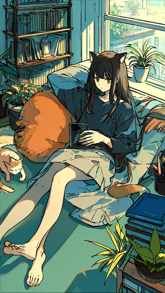 a girls, from above, plant, black hair, cat, lying, indoors, holding, long sleeves, long hair, stuffed toy, potted plant, book, food, window, phone, loaded interior, television, short hair, on back, stuffed animal, bangs, slippers, barefoot, sitting, bookshelf, shelf, cable, computers,blue sky