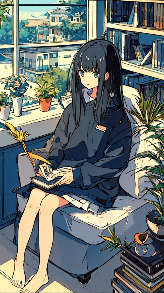 a girls, from above, plant, black hair, cat, lying, indoors, holding, long sleeves, long hair, stuffed toy, potted plant, book, food, window, phone, loaded interior, television, short hair, on back, stuffed animal, bangs, slippers, barefoot, sitting, bookshelf, shelf, cable, computers,blue sky