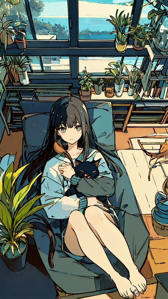 a girls, from above, plant, black hair, cat, lying, indoors, holding, long sleeves, long hair, stuffed toy, potted plant, book, food, window, phone, loaded interior, television, short hair, on back, stuffed animal, bangs, slippers, barefoot, sitting, bookshelf, shelf, cable, computer
