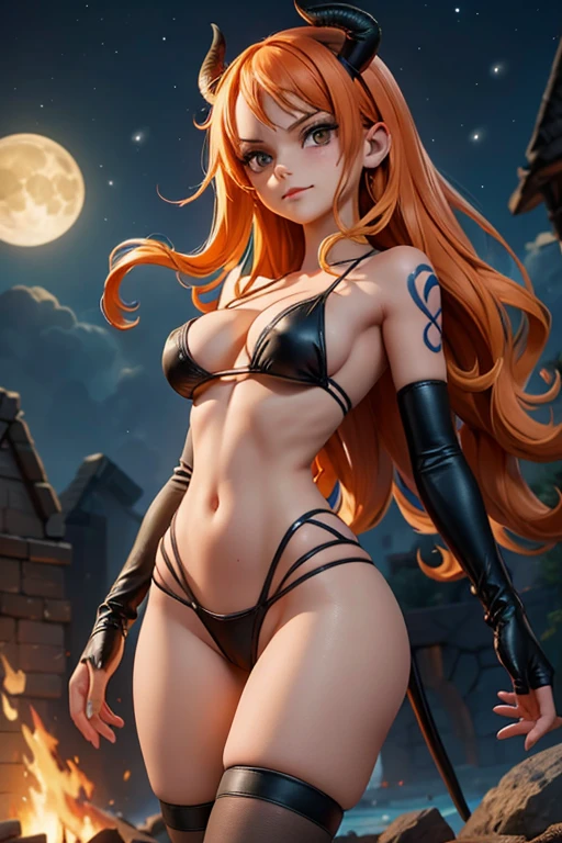 (masterpiece), best quality, expressive eyes, perfect face, front lighting, (outside village ruins on fire at night with moonlight background), (standing), (smirk), (cleavage view), (1girl, 18 years old, Nami (one piece), black makeup, black lips, orange hair, long hair, wavy hairstyle, brown eyes, hourglass figure, left shoulder tattoo, skinny body, thin body, petite_body, small breasts, wide hips, thick thighs), (succubus, succubus outfit, torn clothes, ripped clothes, black torn laceup onepiece bikini, exposed cleavage, black stockings, black gloves, devil wings, devil horns, devil tail), 