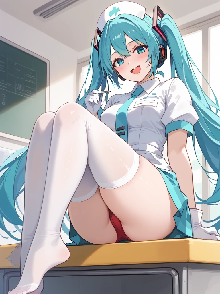 (best quality,4k,highres:1.2),ultra-detailed,realistic:1.37,portraits,vivid colors,indoor lighting1girl, Hatsune Miku
Girl with red ribbon on a headband is sitting at a table. She has beautiful blond hair and is wearing a nurse:1.5, white wear, ((white legwear, zettai ryouiki)), white gloves. She is looking at the viewer with an adorable smile. The scene has a very detailed background with perfect lighting. The girl is lifting her skirt slightly, revealing a pair of red panties with a pointed style from the bottom. The overall image should have the best quality, be in high resolution, and have vivid colors. The style of the image should be realistic with a focus on portraits. The lighting should create a warm and inviting indoor atmosphere.