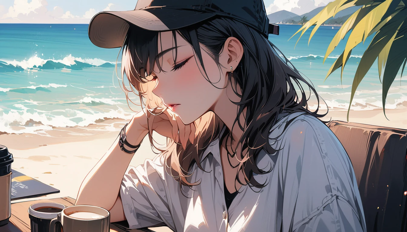 (masterpiece, Highest quality:1.2), 1 Girl, alone,Have a coffee,Tropical atmosphere