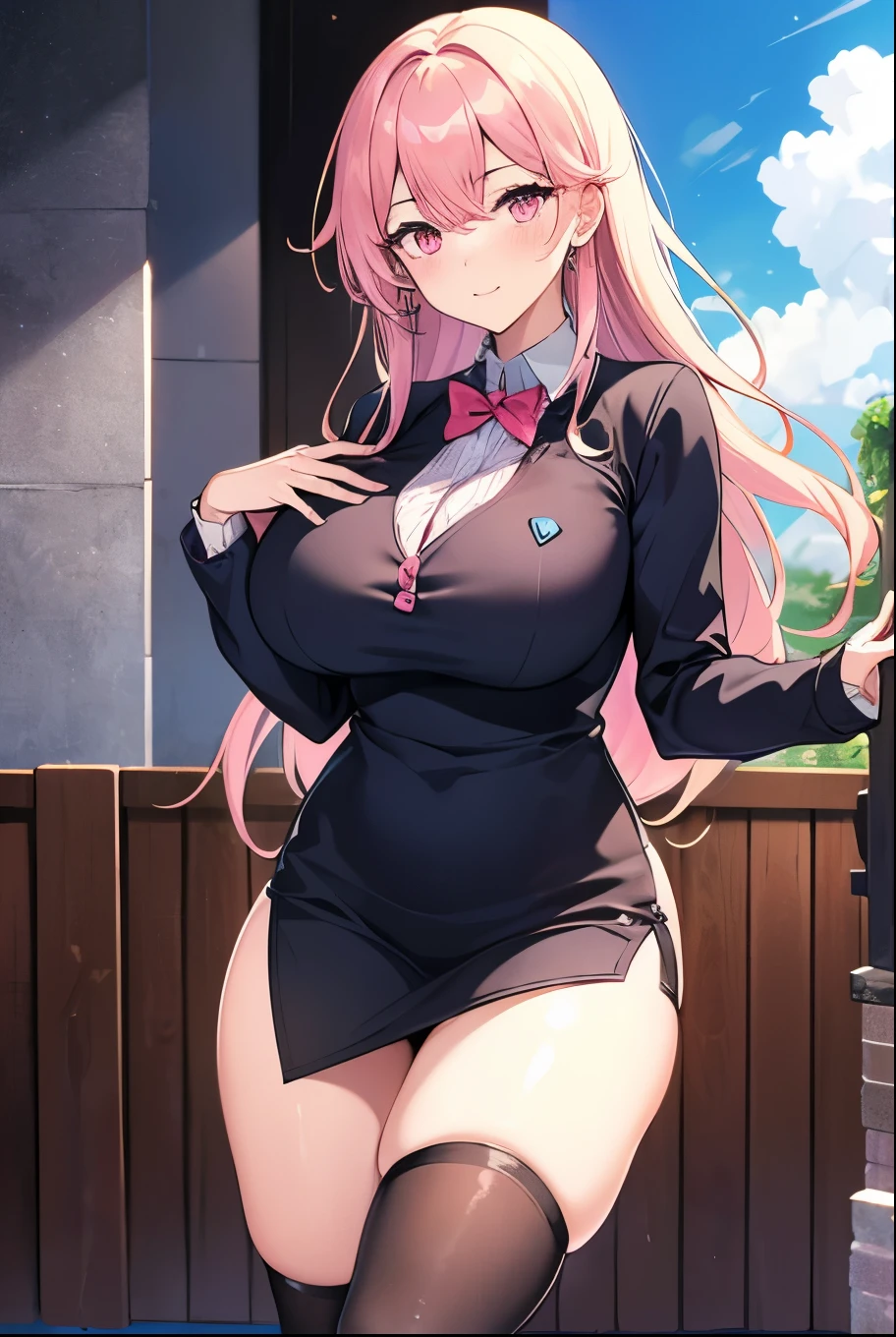 Girl, long pink hair, pink eyes, ???????????, big thighs, uniform, high resolution 