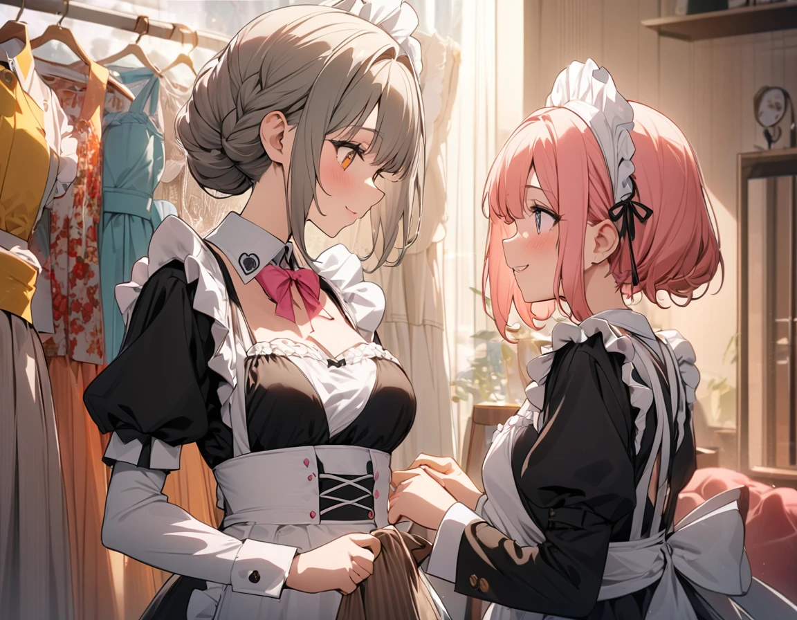 (Highest quality, 4K, 8K high resolution, masterpiece:1.2), Very detailed, 2 people, woman, (ＪＫ, , blazer, Pleated skirt),(blackくて長いストレートヘア), Lingerie Shop, Product Selection, profile, smile, Hopeful, Cute underwear neatly arranged, colorfulな下着, light up, Soft and delicate texture, impressive, Bright colors彩, Delicate fabrics, Attention to detail,美しい細かいeye, 美しいlipsのディテール, Long eyelashes, Bright colors, Soft and warm color palette,,(Best image quality),(Hair is pink、Drill Twin、Maid clothes）,(Master&#39;s Work),(Super detailed),(詳細なeyeの描写:1.0),(Lens flare:1.0),(Movie Posters:1.0),(Tarot Border:1.0),Portraitureは中央に配置されます,(close:1.0),(nagative space:0.8),(Negative space:1.6),(alone),(colorfulに浮かぶ {Wind|Water magic|ink|crystallizations|ice|fire|inflammation|lightning|web|rock|sand|particle|光のfire花|Blood}:1.0),(colorfulなものが多い {Soap bubble|cloud|Thorn|spike|Grapevine|current|spiral|barely|wing|Tattoo|Cube|octahedron}:1.0),(floating {red|green|green|Aqua|purple|yellow|black|white|gray|Pink|orange|lime} {ribbon|Fater|particle|blade|water滴|Snow Flower|soft ball}:1.0),({crystallization|ice|fire|inflammation|Wind|water|Earth|stone|space|musical|Sonic|Vortex} {magic|wing}:1.0), ({Ray Tracing,Shine|Speckled sunlight,light,Caustics|night,Black Theme|mysterious,Creepy|easy going,pastel}:1.2), ({colorful|Sparkling|Multicolor}:1.0),(Beautiful sparkle:1.0),({Leaning forward|Lean back|Tilt to the side|}:1.2),{(smile:1.0)|(False Smile:1.0)|(Stern expression:1.0)},({small|small||lips,eyelash}:1.0),{(Open your mouth:1.0)|(Mouth closed:1.0)|},({eyelash|eye shadow||}),{片eyeを閉じて|||},(),({From below|From above|From the side From the side|From behind|Face-to-face viewer}:1.3),(Hello:1.3),(Tilt your head:1.0),(Dynamic pose:1.1),,({red|green|green|Aqua|purple|yellow|black|white|gray|Pink|orange|lime} {armor|dress|Collared shirt|suit|Costume}:1.0),({formal|army|Techwear|Urban style|casual,casual clothes|Fantasy,Magister|wild,Tribe|sf,Futuristic}),({Checked skirt|Layered skirt|Fluffy dresses|tights|pants|Shorts}),({red|green|green|Aqua|purple|yellow|black|white|gray|Pink|orange|lime} {eye|eye|student}:1.4),,,,{Length jacket|blazerジャケット|Cape|sweater|tie||},{(Floating Cape:1.0),|}({Fox Ears, Fox Girl|吸Blood鬼, Bat Wings|Pointed Ears,(Fairy:0.5)||}:1.1),({Abstract background|city,Skyscraper|forest,garden|city|shrine|cave,underground|Swamp|lake|winter|Alien planets|}:1.4),({indoor,internal|屋outside,outside}:1.1),,({Sitting|flight|Jump|lay|Are standing|Are standing on one leg}:1.1),({Skin of color|white skin|green skin|greenwhiteい肌|By thing|Shiny skin|blackい肌||}:1.1),({Full Body Lesbian|Upper Body|Portraiture|}:1.25),{tooth, 皮のtooth|Tongue Stock|Frowning|lipsを噛む|Thinking|||||}, {虚ろなeye| student in symbol shapes, Heart-shaped student| Slit pupil, + +|||||}, (pink hair, twin tails twin drill, show your forehead, blue eyes, White frilled white headband, slanted eyes, smile, long sideburns, curled bangs, neck ribbon, Forehead, amount),

