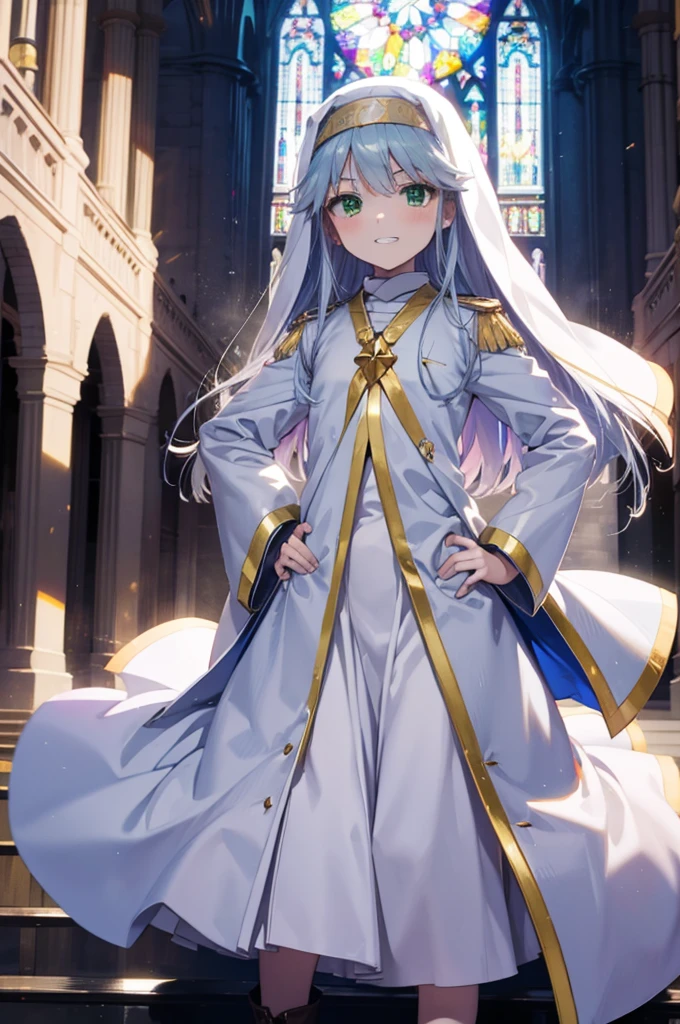 index, index, (Green Eyes:1.5), Silver Hair, Long Hair, (Flat Chest:1.2),Grin,
break habit, Long sleeve, Nuns, Robe, white Robe, Wide sleeves,Long skirt,boots,Put your right hand on your hip,In his left hand he holds a long sacred staff,whole bodyがイラストに入るように,
break looking at viewer, whole body,
break indoors, church,
break (masterpiece:1.2), Highest quality, High resolution, unity 8k wallpaper, (figure:0.8), (Beautiful attention to detail:1.6), Highly detailed face, Perfect lighting, Highly detailed CG, (Perfect hands, Perfect Anatomy),