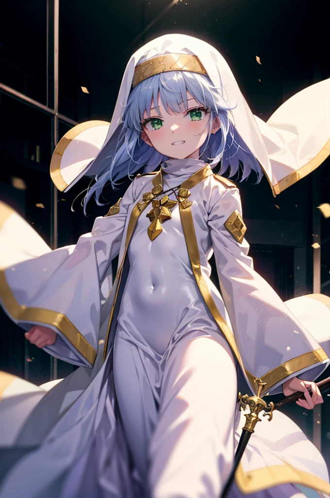 index, index, (Green Eyes:1.5), Silver Hair, Long Hair, (Flat Chest:1.2),Grin,
break habit, Long sleeve, Nuns, Robe, white Robe, Wide sleeves,Long skirt,boots,Put your right hand on your hip,In his left hand he holds a long sacred staff,whole bodyがイラストに入るように,
break looking at viewer, whole body,
break indoors, church,
break (masterpiece:1.2), Highest quality, High resolution, unity 8k wallpaper, (figure:0.8), (Beautiful attention to detail:1.6), Highly detailed face, Perfect lighting, Highly detailed CG, (Perfect hands, Perfect Anatomy),
