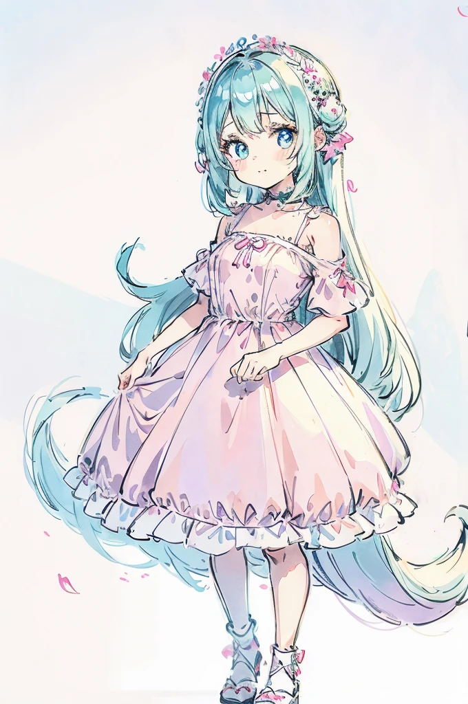 1girl, cute young woman, full body portrait, standing pose, pastel dress, white background, soft lighting, high detail, anime style, vibrant colors, kawaii, big eyes, cheerful expression