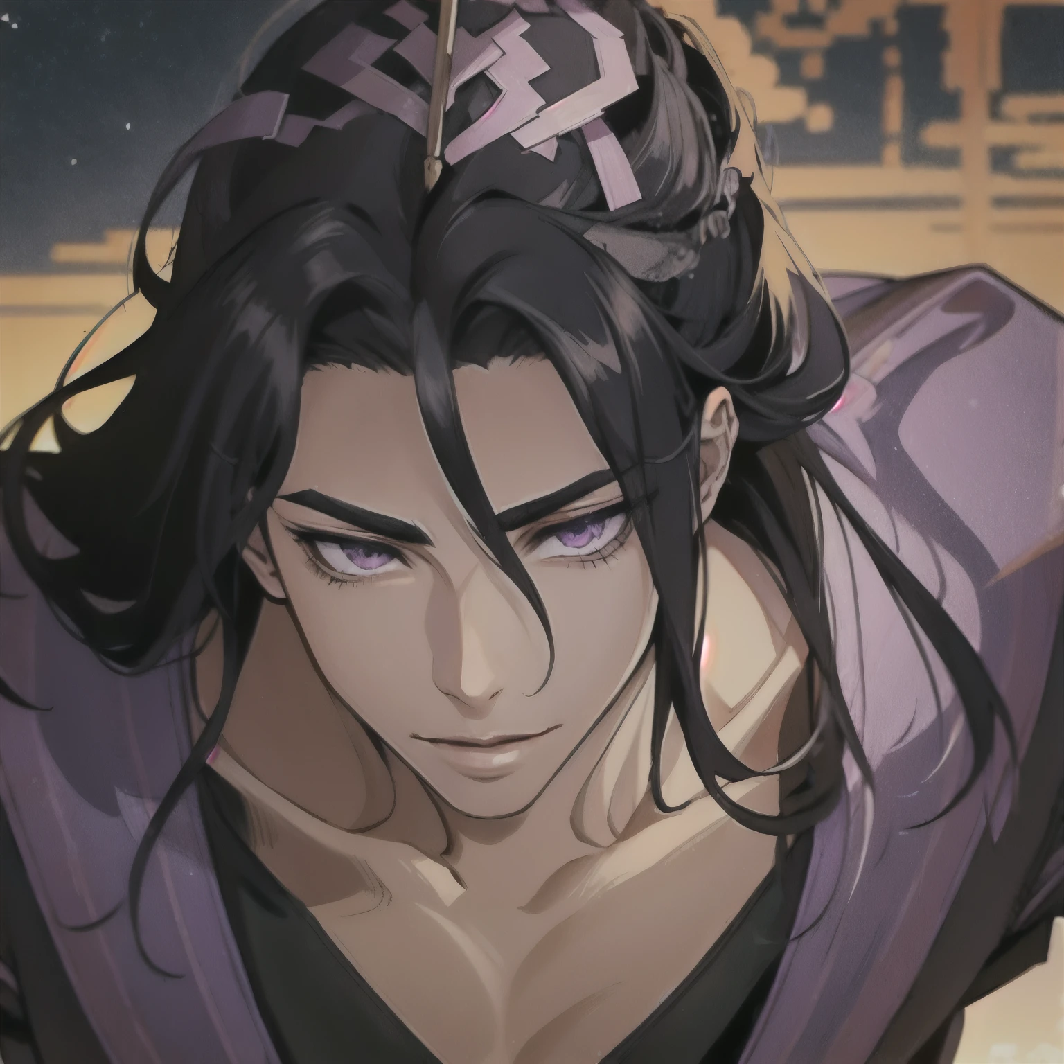 (masterpiece, best quality:1.2), 1male, solo, jiang cheng, mo dao zu shi, mdzs, purple and black clothes, purple eyes, long black hair, perfect anatomy