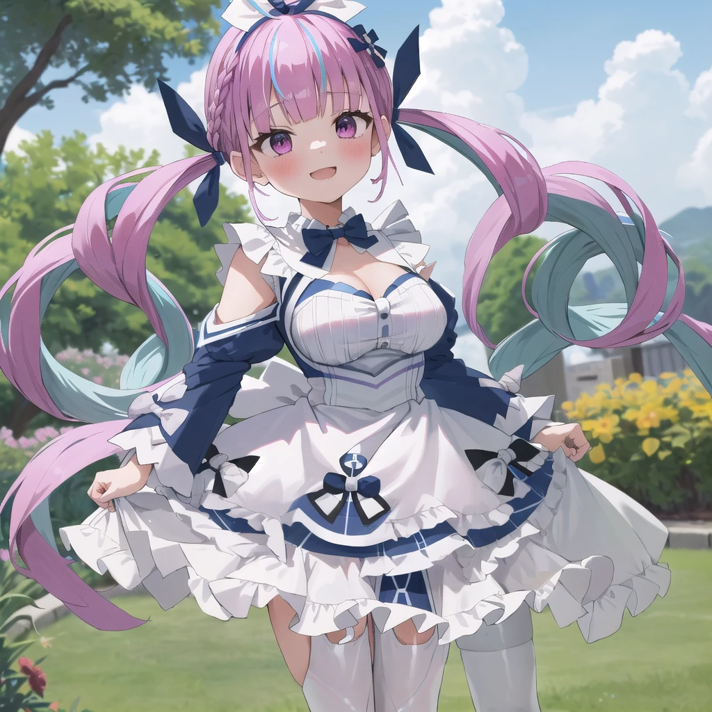 masterpiece, ultra detail, best quality, girl, shy, Minato aqua, Make a heart with your hands., blush, comiket_cosplay_Hiroba, camera, in home, holding camera, day, crowd, taking picture, blue sky, photo background, backwards , iiaqua, twintails, drill hair, cowboy shot, standing, garden, smile