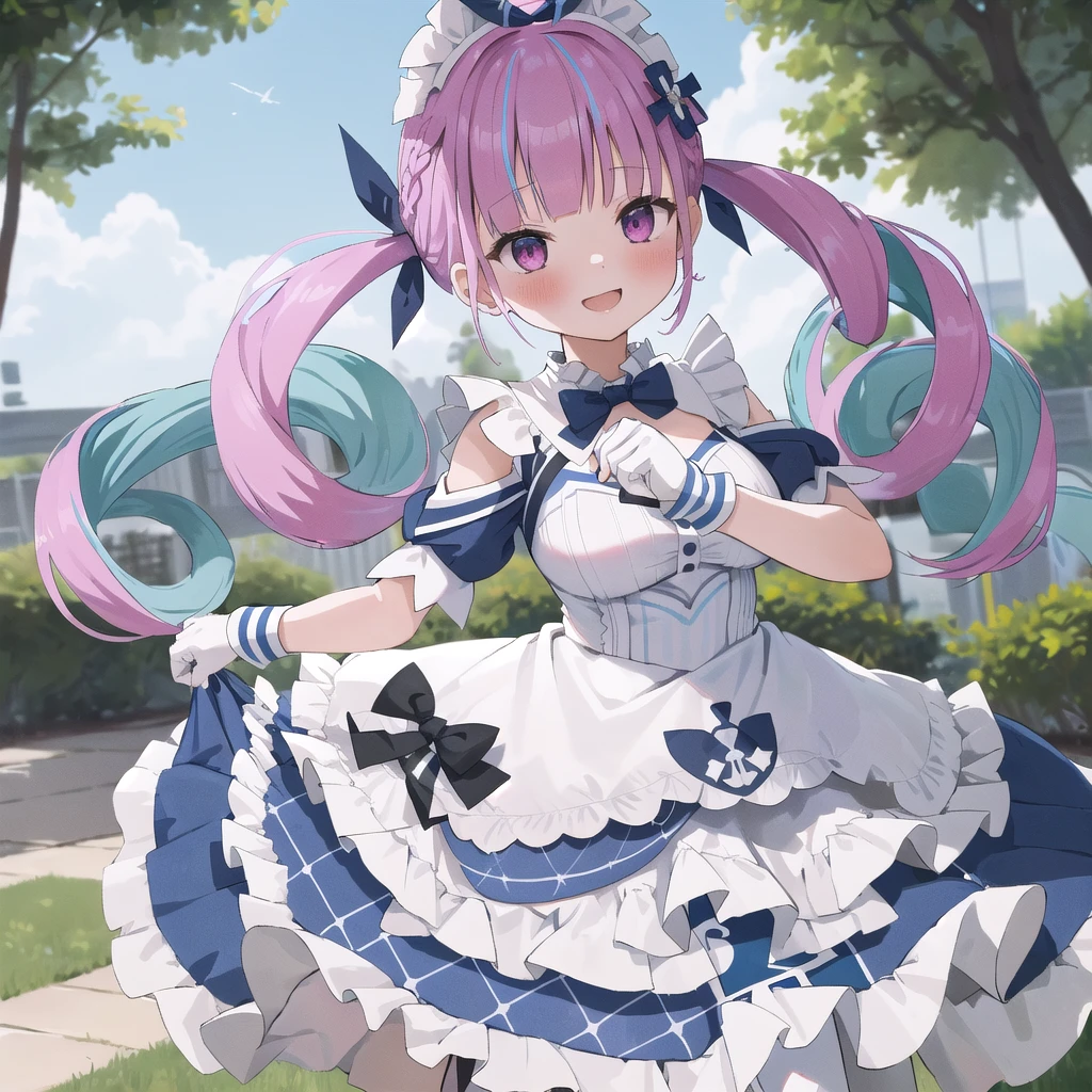 masterpiece, ultra detail, best quality, girl, shy, Minato aqua, Make a heart with your hands., blush, comiket_cosplay_Hiroba, camera, in home, holding camera, day, crowd, taking picture, blue sky, photo background, backwards , iiaqua, twintails, drill hair, cowboy shot, standing, garden, smile