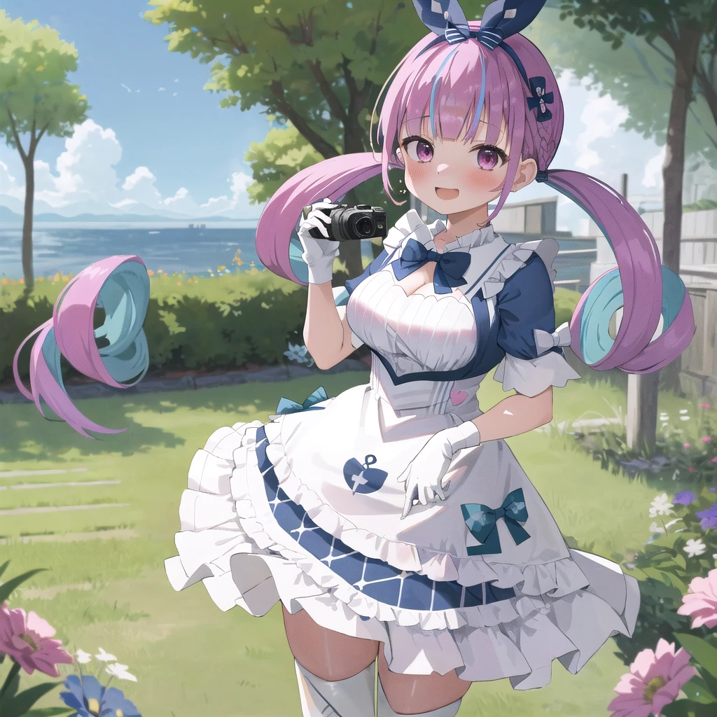 masterpiece, ultra detail, best quality, girl, shy, Minato aqua, Make a heart with your hands., blush, comiket_cosplay_Hiroba, camera, in home, holding camera, day, crowd, taking picture, blue sky, photo background, backwards , iiaqua, twintails, drill hair, cowboy shot, standing, garden, smile