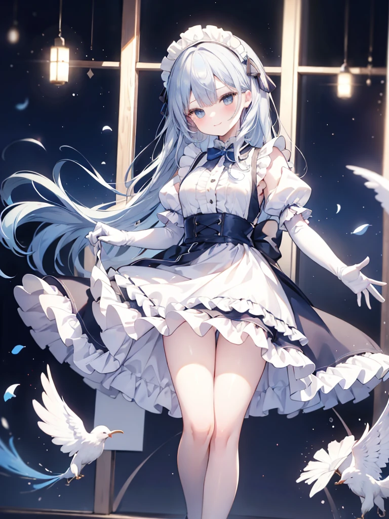 best quality,masterpiece,detailed face, uncensored, 1girl, solo focus, smile, blush, solo, in room, full body, standing, window, 
 lil_rg, dark blue hair, long hair,low tied hair, forehead, blue eyes, maid, maid headdress, dark blue dress, puffy sleeves, elbow gloves, white gloves, apron, long skirt, dark blue skirt, white thighhighs,Masterpiece, Top Quality Anime Illustration, Super Detail, One Girl, Solo, Beautiful Girl with Silver Hair, Anime , maid dress,Smile,(white background),((charming))、perfect proportions, cute woman, *********, BREAK source_anime, high detail, looking at viewer,POV, large chest, best quality, highly detailed, young face,Droopy eyes,relaxed face,