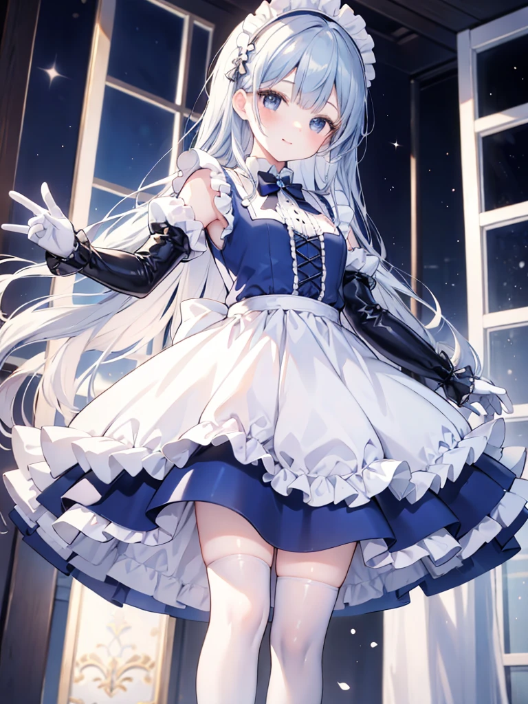 best quality,masterpiece,detailed face, uncensored, 1girl, solo focus, smile, blush, solo, in room, full body, standing, window, 
 lil_rg, dark blue hair, long hair,low tied hair, forehead, blue eyes, maid, maid headdress, dark blue dress, puffy sleeves, elbow gloves, white gloves, apron, long skirt, dark blue skirt, white thighhighs,Masterpiece, Top Quality Anime Illustration, Super Detail, One Girl, Solo, Beautiful Girl with Silver Hair, Anime , maid dress,Smile,(white background),((charming))、perfect proportions, cute woman, baby face, BREAK source_anime, high detail, looking at viewer,POV, large chest, best quality, highly detailed, young face,Droopy eyes,relaxed face,