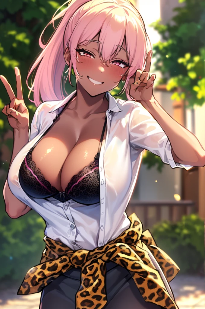 {masterpiece, distinct_image, extremely detailed CG, beautiful eyes and detailed face,realistic, photo realistic, 4k, 8k, high_resolution,perfect_finger, (beautiful_detailed_eyes:1.3), glitter, white_light, (glow_white_face, front_light:1.3), summer_light{1girl, face_focus,cowboy_shot, looking for_in_viewer, standing, (Perfect V-sign pose:1.6) },{adult, curvy, (huge_breasts, wide_hip:1.3), navel, skinny_stomach,tight_gap, groin (white_Y-shirt, black_short_skirt, cleavage, {The most perfectly hidden leopard print bra in a white shirt:1.7), (brown Cardigan tied around the waist: 1.6), red necktie, (tanning_skin, black_skin:1.6), white collar:1.5), (yellow_hair, pink_eyes, long_hair, ponytail:1.3), hime_cut, (half closed eyes, smiling face:1.3), sweat, Japanese_Anime_blue_sky_background, under green tree background}