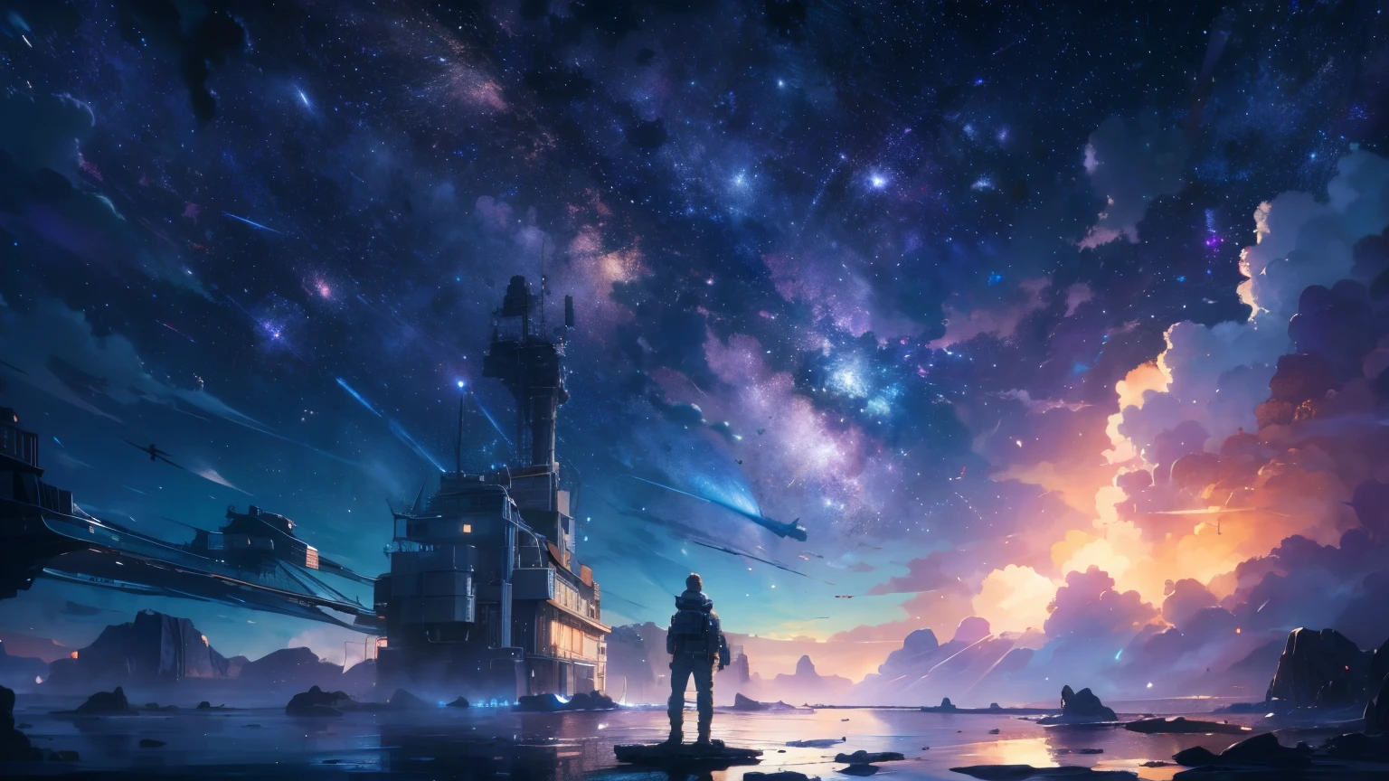 Drawing the young man who blew up the planet, Standing on a floating research platform in the middle of an asteroid belt, Turn your back on the audience, From behind, It is surrounded by several glowing asteroids with Firebreaker auras. Dramatic lighting of distant stars and planets illuminates the scene., Cast a deep shadow on the costume, Gaze with wonder and reverence at the vast and mysterious universe, break, be familiar with, Realist, 4K High Definition Digital Art, Render octane number, Bioluminescent, BREAK 8K resolution concept art, realism, Mappa Studio, First Job, Better Quality, Official Art, figure, Clear lines, (fresco_col), Perfect composition, Absurd, Fantasy, Concentrated, Three-part method