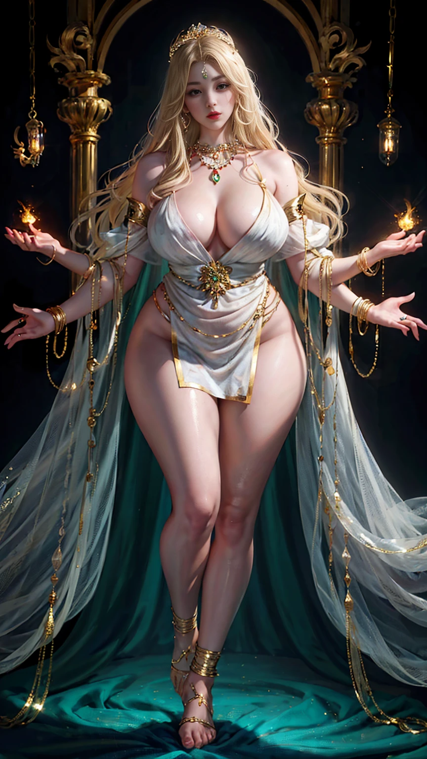 Full body picture，Exquisite, beautiful and charming face，Flowing blond hair，Gold anklet，The white gauze is wrapped around the plump and graceful body，The white and red skin is faintly visible，Tight and plump thighs pressed together，A pair of gold chains inlaid with jade were tightly wrapped around her beautiful jade-like feet.，With gentle shaking