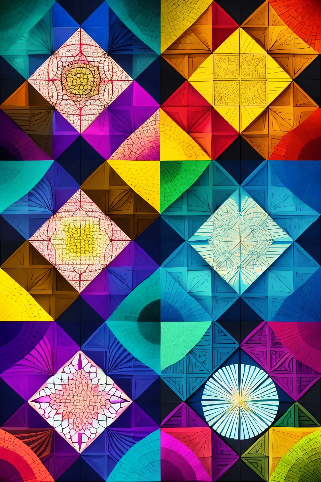 best quality, super fine, 16k, incredibly absurdres, extremely detailed, 2.5D, delicate and dynamic depiction, weird modern art, top left, bottom right, top right, bottom left, diagonal, round, square, irregular, uneven, random colors including monochrome, random kaleidoscope, origami effect