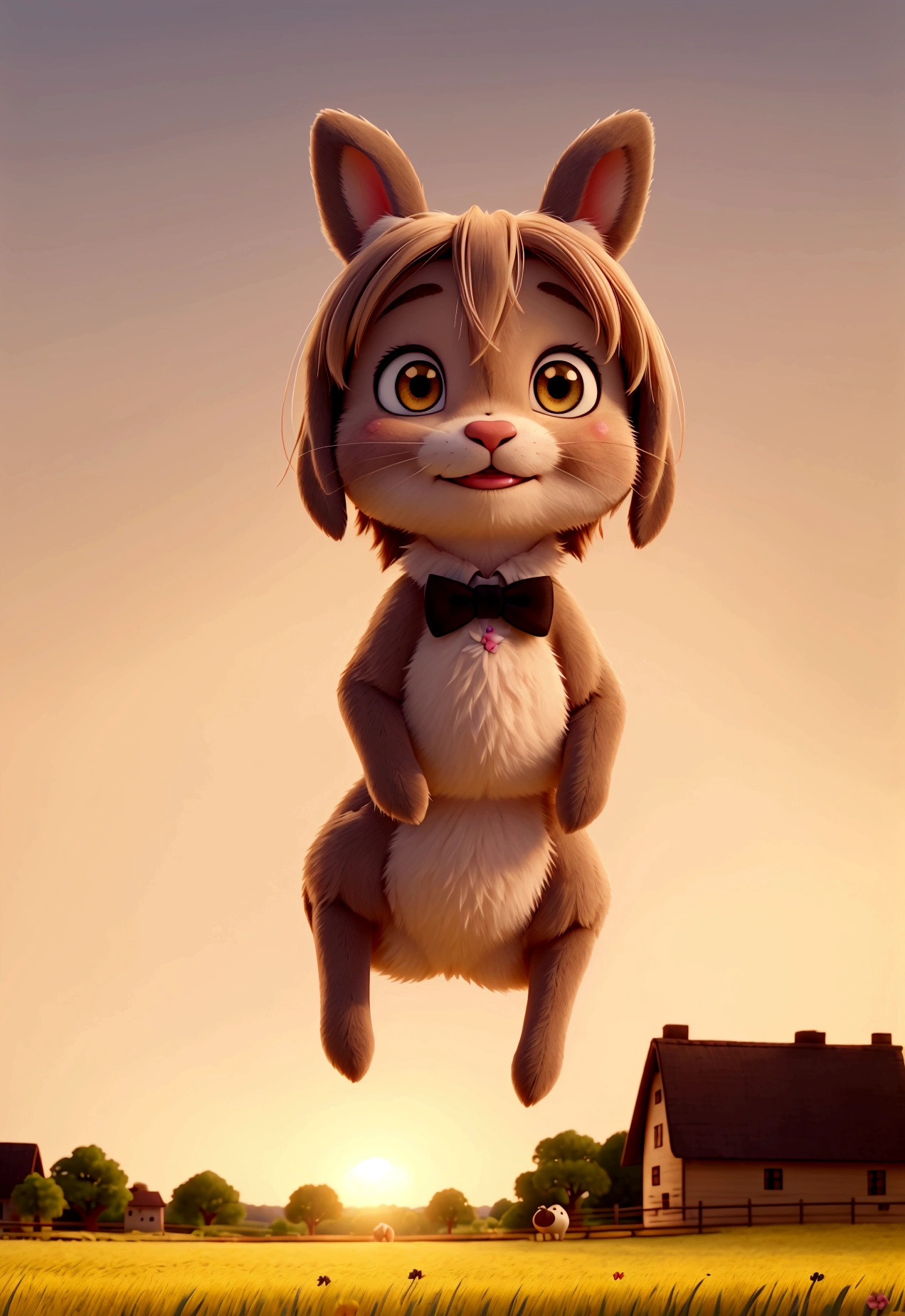 A cute little bunny with white whiskers and bright eyes,Little bunny happily jumping in a field, with the sunset scene in the background