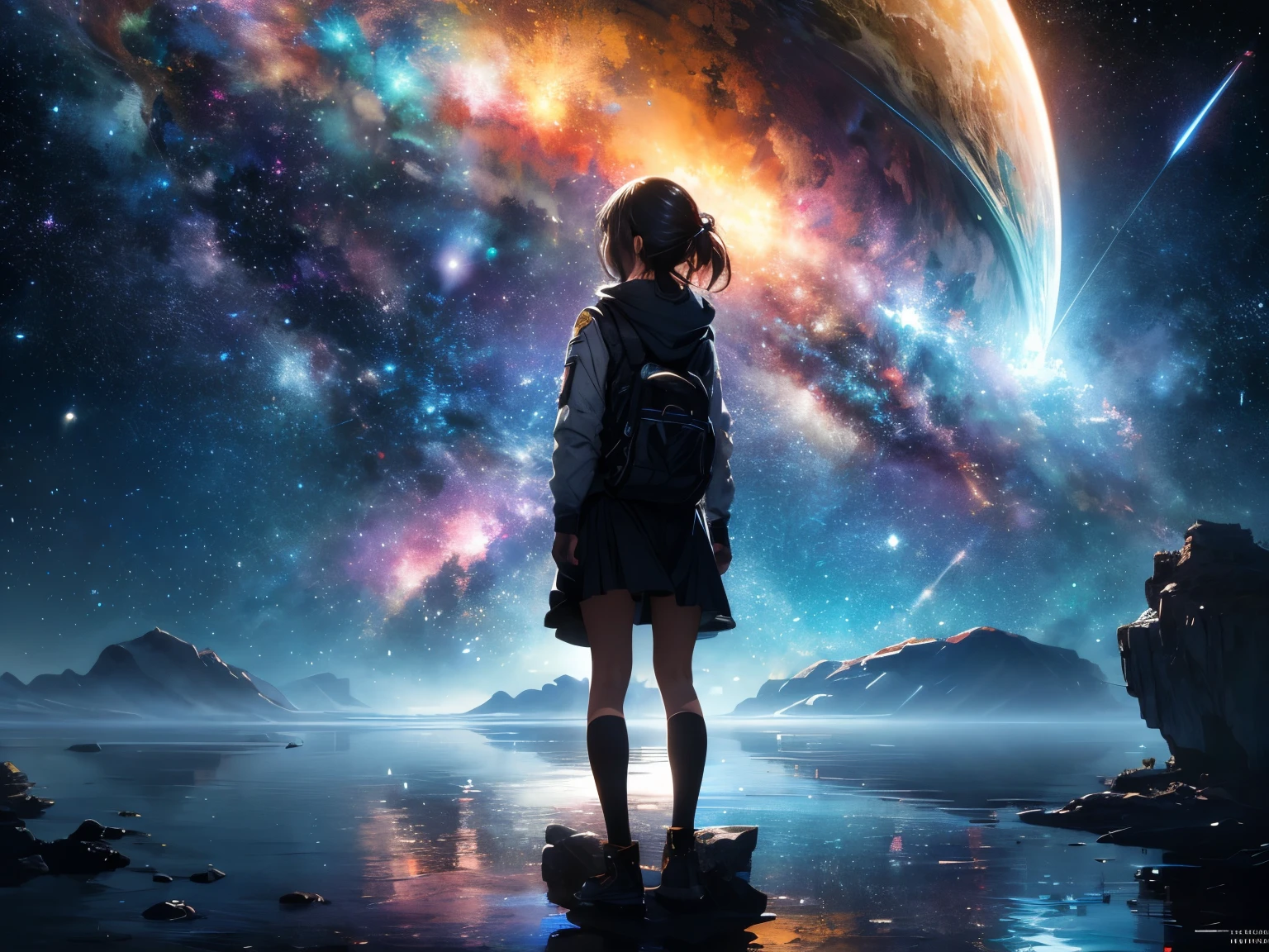 Drawing a young female programmer, Standing on a floating research platform in the middle of an asteroid belt, Turn your back on the viewer , From behind,surrounded by several asteroids glowing with fiery auras break Dramatic lighting from distant stars and planets illuminates the scene, Cast a deep shadow on the suit, Gaze with wonder and reverence at the vast and mysterious universe,break,detailed,Realistic,4K の非常にdetailedなデジタルアート,Octane Rendering, Bioluminescent, break 8K resolution concept art, realism,Mappa Studio,masterpiece,Highest quality,Official Art,figure,Clear lines,(nice_color),Perfect composition,Absurd, Fantasy,Concentration,Three-part method