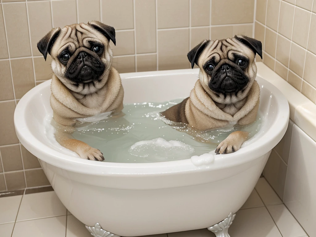 Relax in the bath: A scene where a pug is taking a bath in a small bathtub。Covered in foam、She looks so cute with her eyes half open and relaxed.。