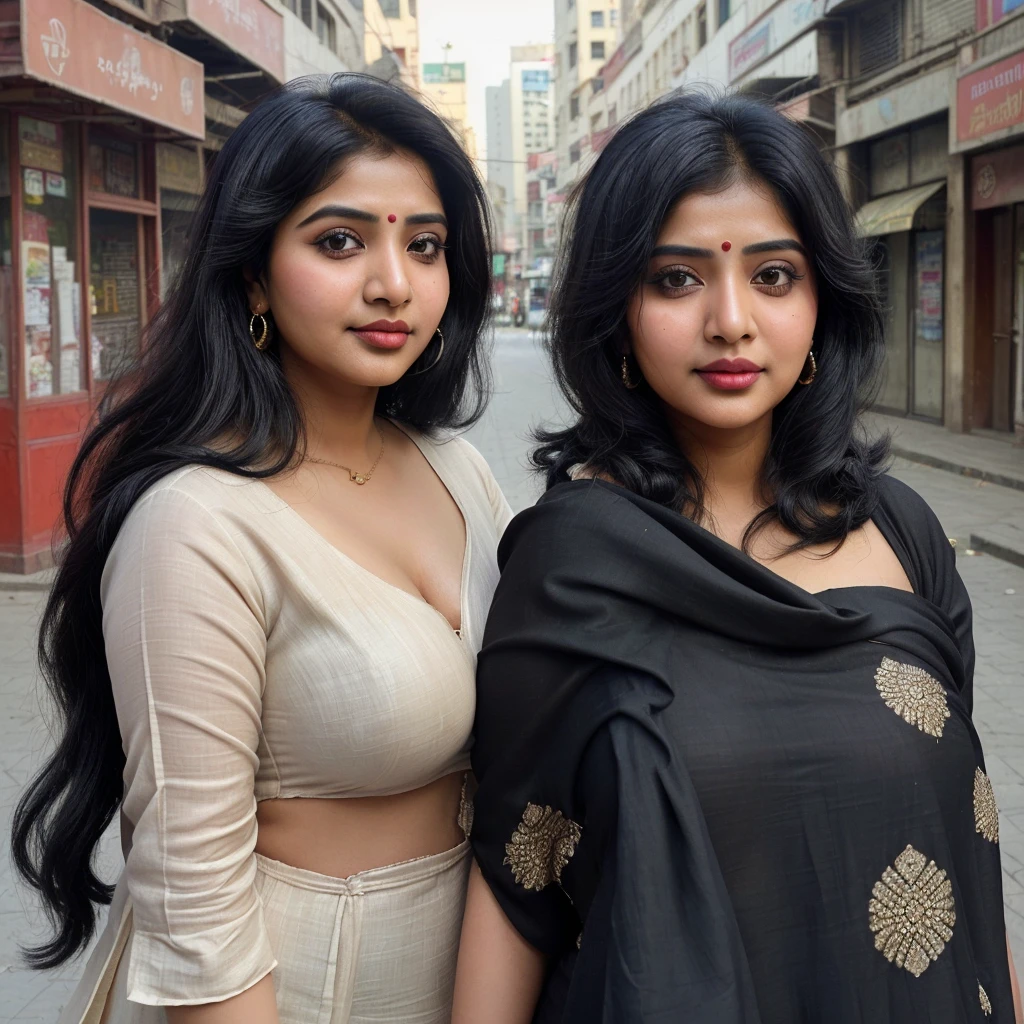 (((desi girl))), chubby face, natural skin, wearing hot deep neck top under dupatta, charming black hair,(((hair end are bonded))), city street background, bokh